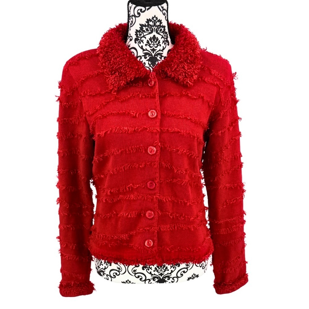 Michael Simon New York Vintage Red Fringe Fuzzy Collar Button-Up Cardigan, M - Picture 4 of 9